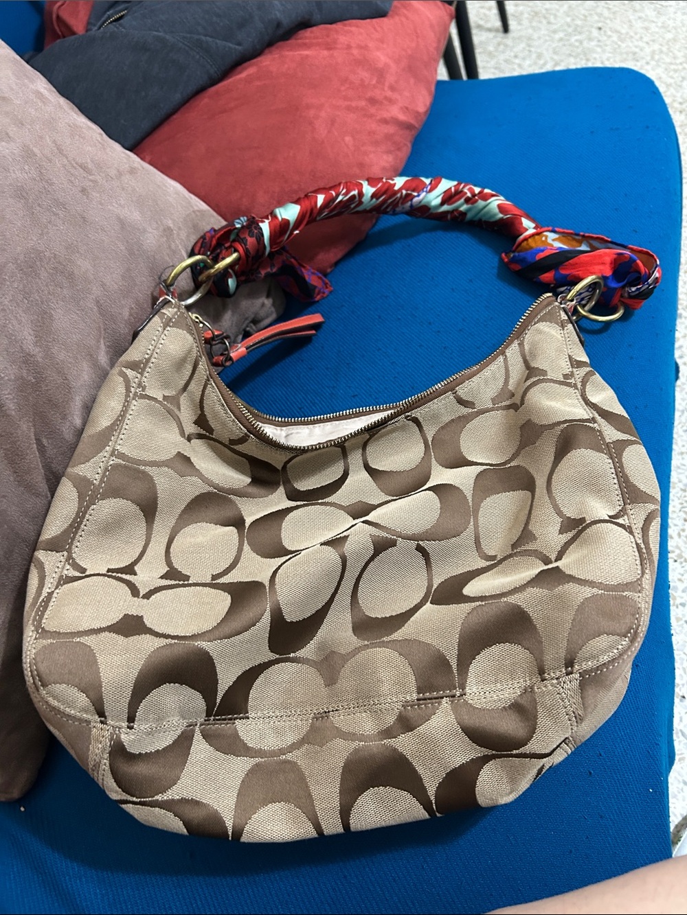 Coach Signatura hobo Shoulder Bag in Tan and Coral with Patterned Scarf Handl